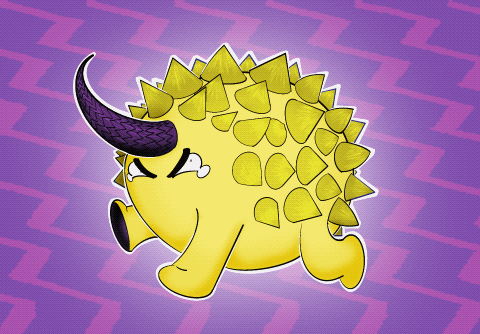 An orange creature floating on a purple background