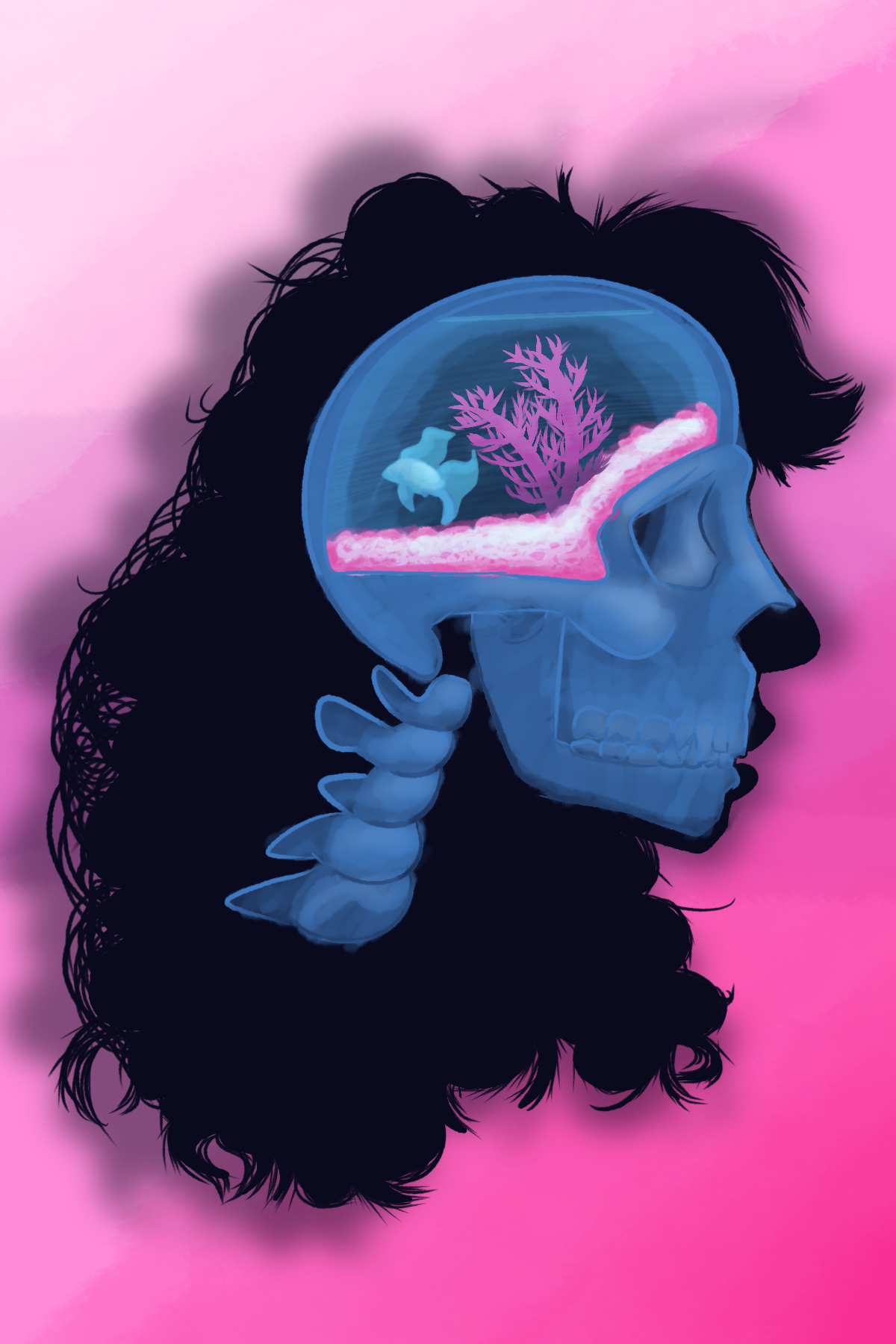 A crossection of a skull with a goldfish where the brain should be