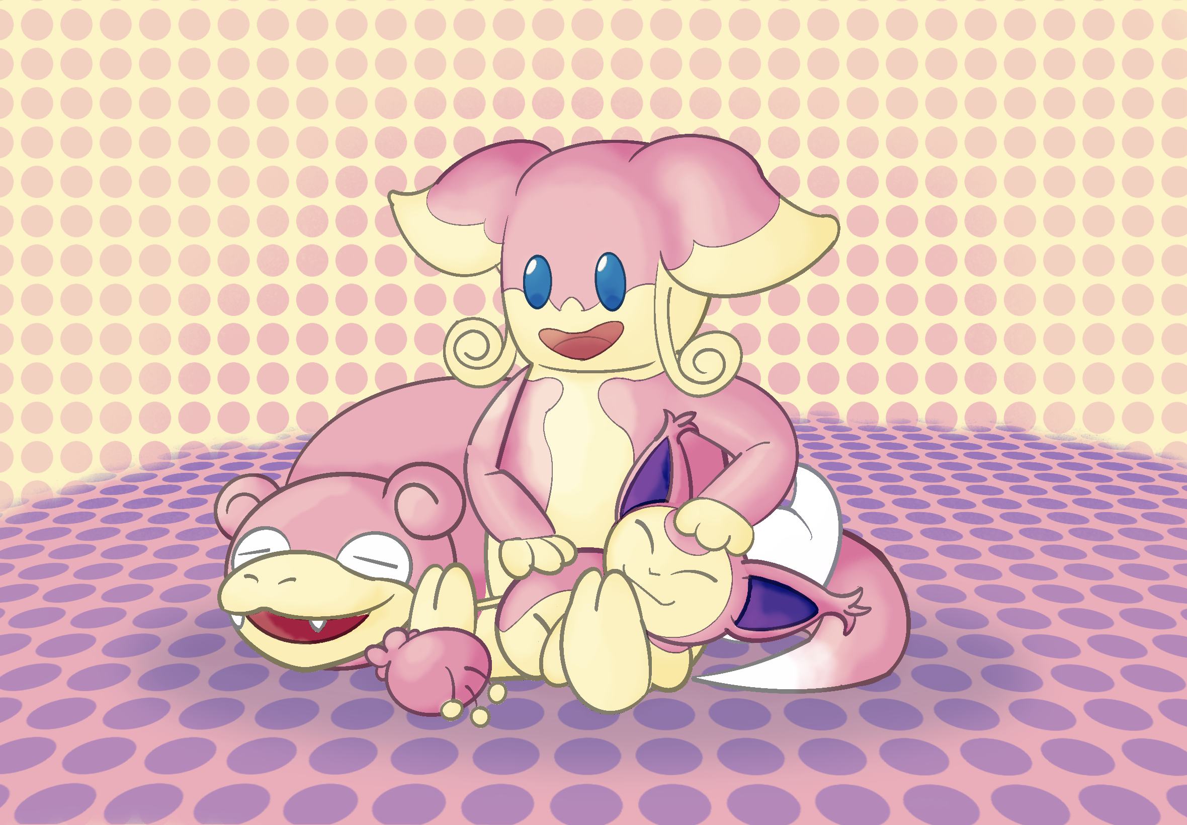 A veriety of pink and cream colored Pokémon relaxing together